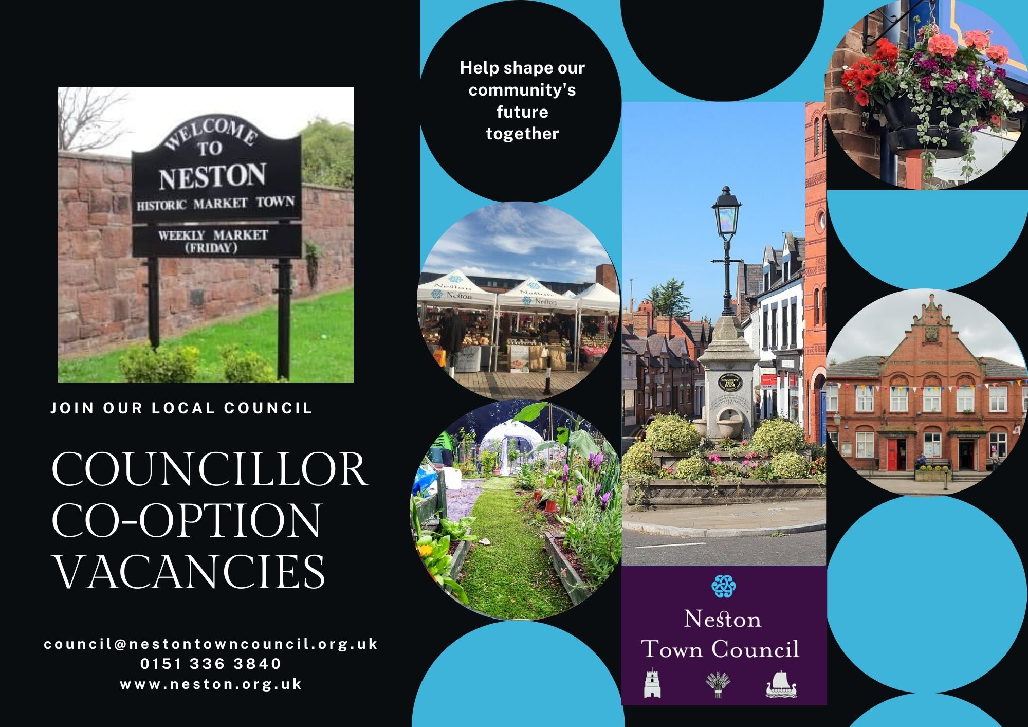 Poster with images of Neston and a heading which reads "join our local council - councillor co-option vacancies".