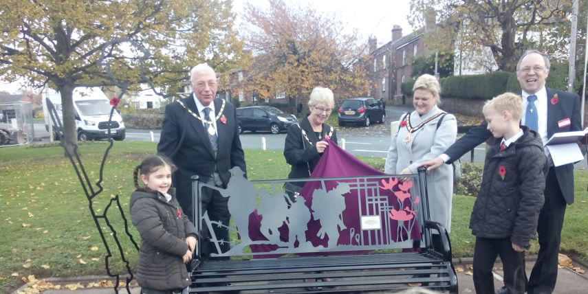 Mayor of Neston, Mayor of Ellesmere Port, Little Neston Methodist Church Minister and local school children unveiling WWI Memorial Bench in Neston
